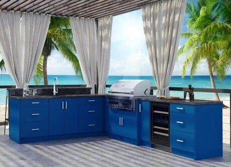 Outdoor kitchen with bright blue cabinets