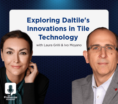 Photo of Daltile’s product team directors—Laura Grilli, a woman with brown hair and blue eyes, and Ivo Moyano, bald and wearing glasses—both looking polished in business suits.