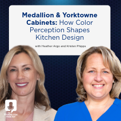 Smiling portrait of two blonde women dressed professionally, representing leaders who discuss innovative cabinetry features on the ProSource Podcast.