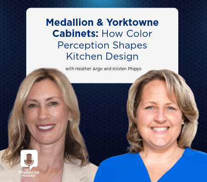 Professional photo of two blonde women smiling confidently, aligned with the podcast's conversation about color-forward cabinetry trends and designer collaboration