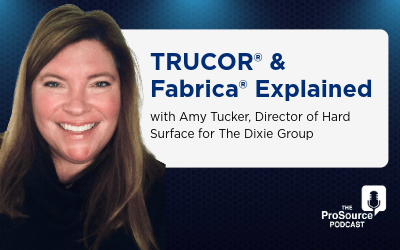 Amy Tucker, smiling with straight brown hair, shown in a ProSource Podcast episode focused on hard surface flooring and consumer-driven innovation.