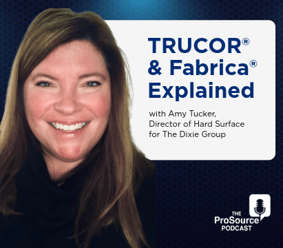 Headshot of Amy Tucker, Director of Hard Surface for The Dixie Group, smiling against a branded ProSource Podcast background.