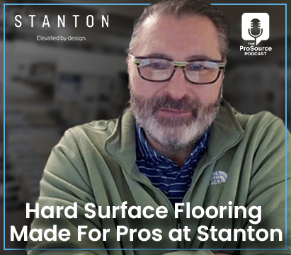 Image for Stanton's hard surface flooring with text and podcast logo.