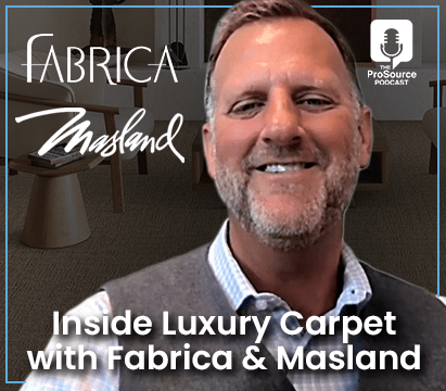 Promotional image for a podcast episode about luxury carpets by Fabrica and Masland, featuring a blurred individual in a lounge setting and branding.