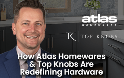 Image with text describing how Atlas Homewares and Top Knobs are redefining hardware, featuring a kitchen in the background.