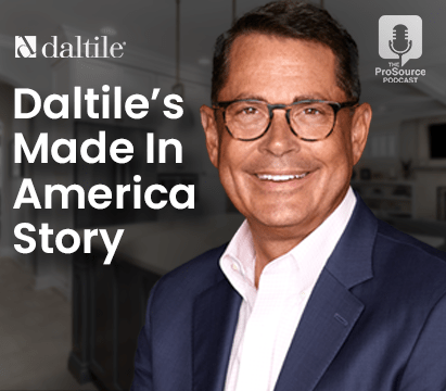Promotional image for DalTile’s 'Made In America Story' podcast with a suited individual and kitchen background.