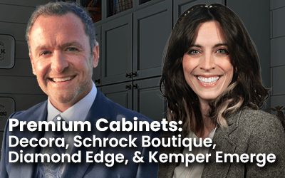 Promotional image featuring two people in front of cabinets and text mentioning Decora, Schrock Boutique, Diamond Edge, and Kemper Emerge premium cabinets.