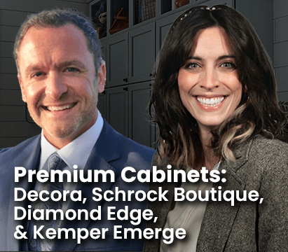 A promotional image featuring two individuals and text promoting premium cabinet brands including Decora, Schrock Boutique, Diamond Edge, and Kemper Emerge.