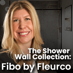 Promotional image for The Shower Wall Collection by Fleurco, highlighting Fibo products with a smiling individual in the foreground.