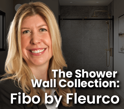 A promotional graphic for the shower wall collection 'Fibo by Fleurco,' featuring a woman smiling in front of a bathroom setting.
