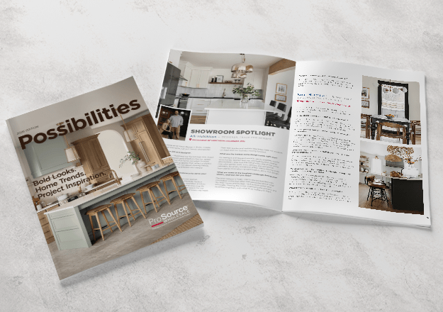 Printed ProSource ‘Possibilities’ magazine displayed on a neutral background, showcasing a stylish kitchen with natural wood tones and clean architectural lines.