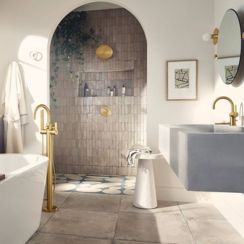 Moen gold faucets in a bathroom