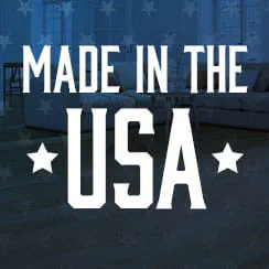 Bold text reading 'Made in the USA' with stars on a background featuring furniture inside a room.