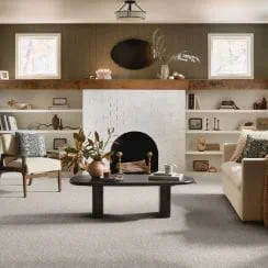 A living room with a white fireplace, built-in shelves, neutral furnishings, and decorative accents.