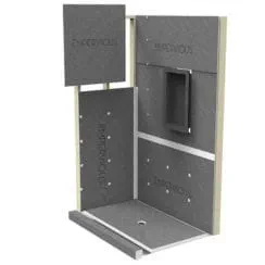 Mockup of a wall assembly with grey panels and securing points.