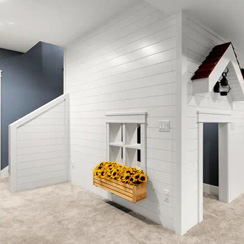 A remodeled basement in a transitional style