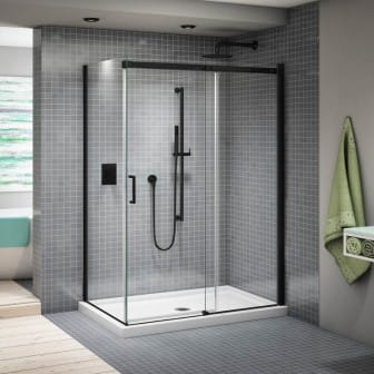 Black shower door displayed in a bathroom