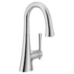 A sink faucet with a stainless steel finish