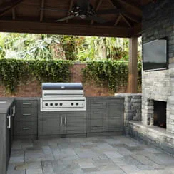 A remodeled outdoor living area with tile flooring