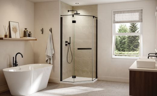 Modern bathroom with a frameless glass shower and freestanding bathtub, minimalist decor, and natural lighting.