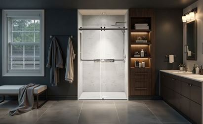 Modern bathroom showcasing a shower enclosure with sliding glass doors, wooden cabinetry, and elegant lighting.
