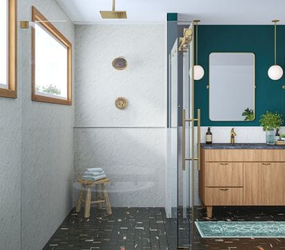 Modern bathroom with water-resistant walls, glass shower enclosure, and wooden vanity.