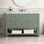 Green James Martin vanity with white countertops
