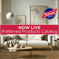 Modern living room with a sofa, coffee table, and a 'NOW LIVE Preferred Products Catalog' banner with a logo.