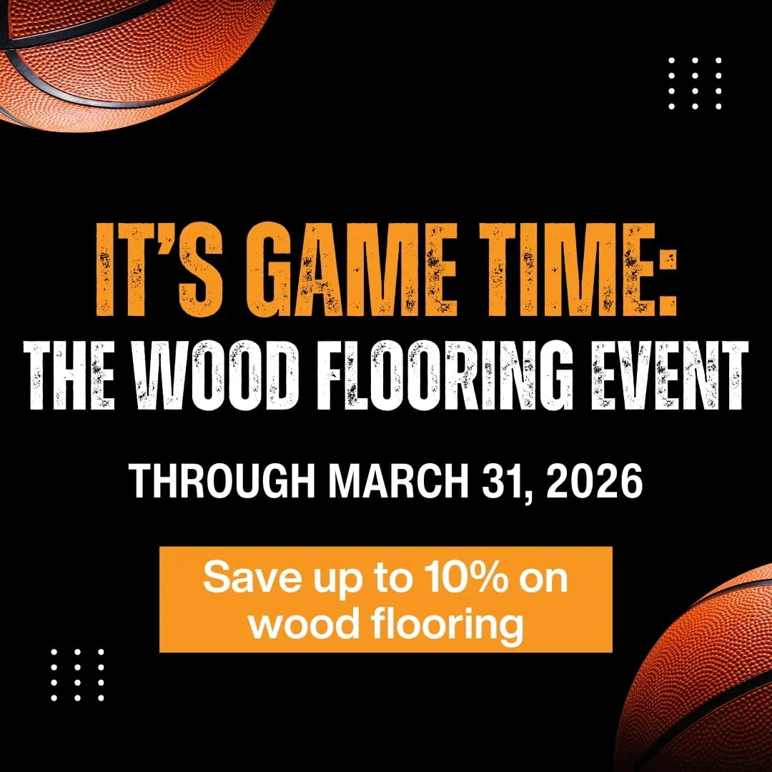 Promotional image for a wood flooring event with savings up to 10% through March 31, 2026, basketball-themed.