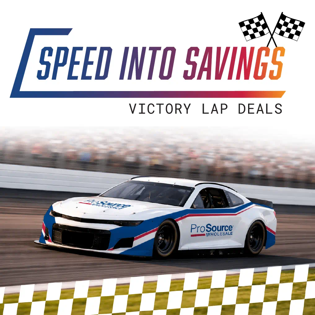 Advertisement with 'Speed Into Savings' slogan and a branded racing car on a track, accompanied by checkered flags.