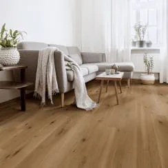 Living room with wooden flooring, a gray sofa, coffee table, and decorative plants.