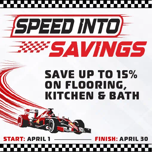 Banner displaying promotional savings text with a race car and checkered design theme.
