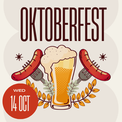Illustration of a beer glass surrounded by sausages on forks and decorative elements, with prominent 'Oktoberfest' text and a date 'Wed 14 Oct' on the left corner.