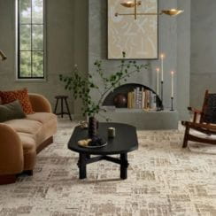 Modern living room setup with carpet, sofa, coffee table, and decorative elements.