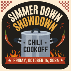 Poster for Simmer Down Showdown chili cookoff, featuring a cooking pot, flames, chili peppers, and event date: Friday, October 16, 2026.