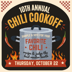 Poster for the 10th Annual Chili Cookoff, showcasing a chili pot, event title, date, and participation details, surrounded by red chili illustrations.