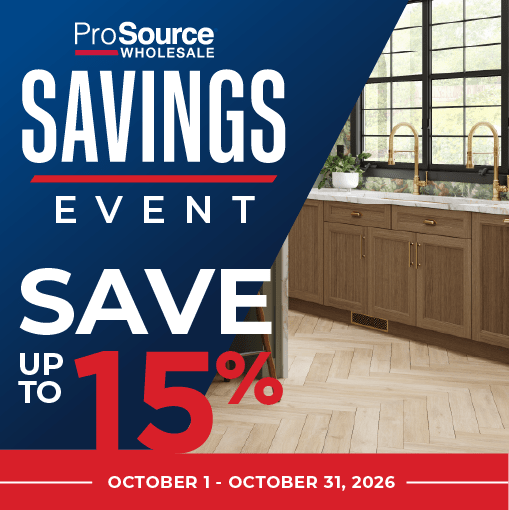 Promotional image for ProSource Wholesale's savings event with detailed offer text and a kitchen setting.
