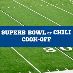 Text on graphic: 'Superb bowl of chili cook-off' with a football field backdrop.