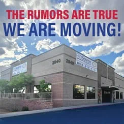 Exterior of the building with the message "The rumors are true, we are moving!" displayed prominently.