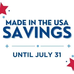 Banner text highlighting 'Made in the USA Savings' with a patriotic design and an expiration date for promotions until July 31.