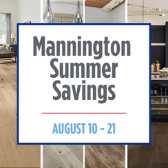 Mannington Summer Savings promotion with sale dates August 10 to 21 displayed over flooring images.