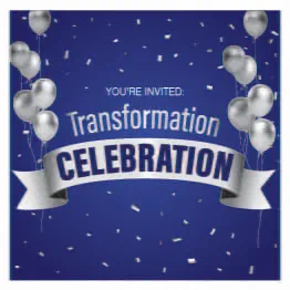 Invitation design with silver balloons, confetti on a blue background, and text reading 'You're invited: Transformation Celebration'.