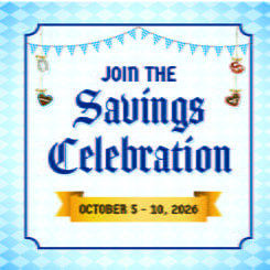 Join the Savings Celebration, October 5–10, 2026, with a festive design featuring pretzels and hearts.