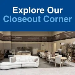 A furniture sale area with the text 'Explore Our Closeout Corner' displayed above.