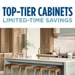Advertisement for top-tier cabinets with limited-time savings, showcasing a luxurious kitchen setting.