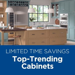 Modern kitchen with contemporary cabinets featuring promotional text about limited time savings for top-trending cabinets.