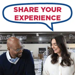 Two people conversing and smiling inside a store with a speech bubble encouraging to 'Share Your Experience'.