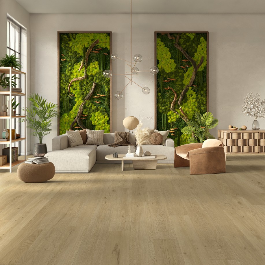 Wood-like luxury vinyl plank in living room setting