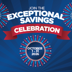 Promotional banner for Exceptional Savings Celebration, October 1-31, 2026, on a blue background with fireworks.