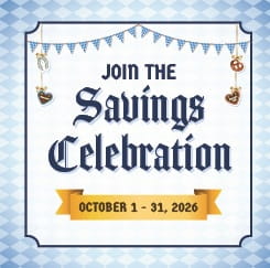 Promotional graphic for the Savings Celebration event, October 2026, decorated with festive elements and a banner.